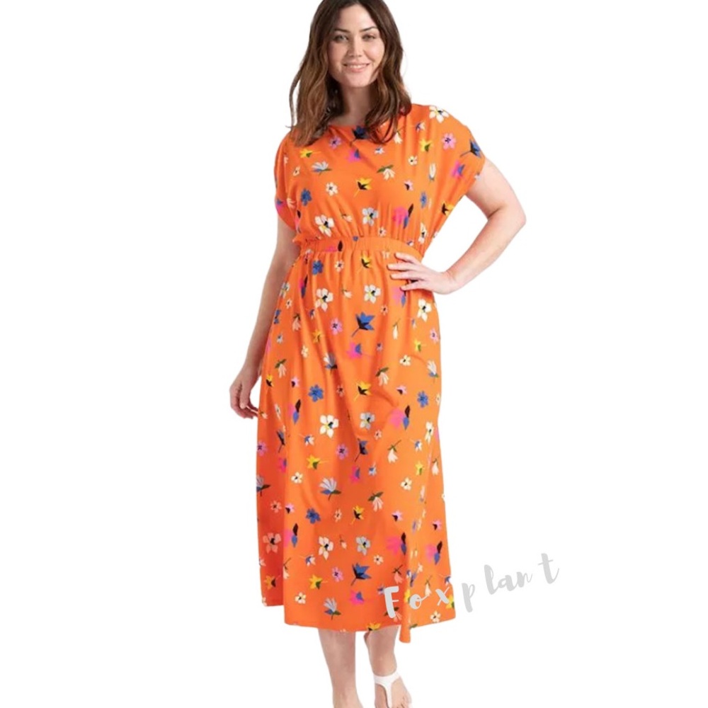 Eloquii Drop Sleeve Orange Floral Stretchy Midi Dress Women’s Plus Size 14 / 16